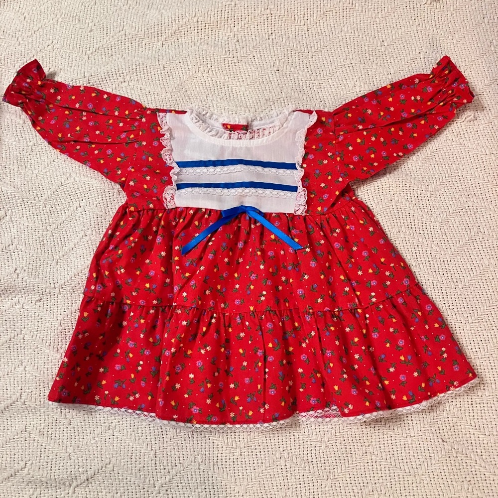 Vintage 1980s Cabbage Patch Doll Red Floral Sleeve Dress